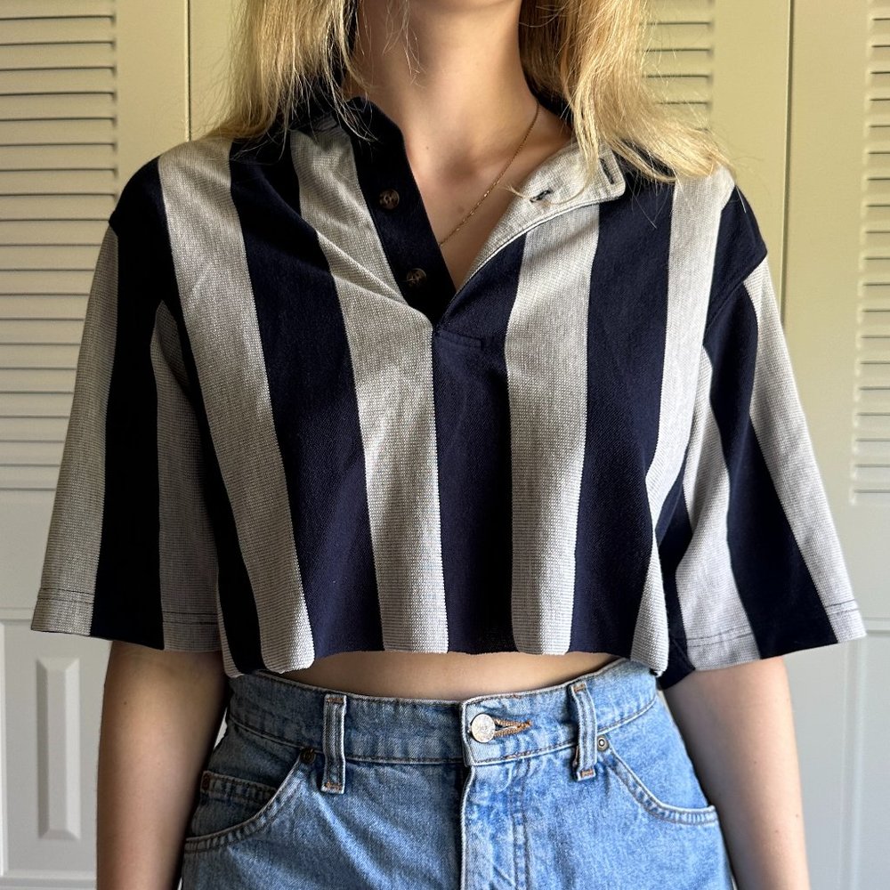 Navy Blue and Grey Striped Crop Top, Size Medium